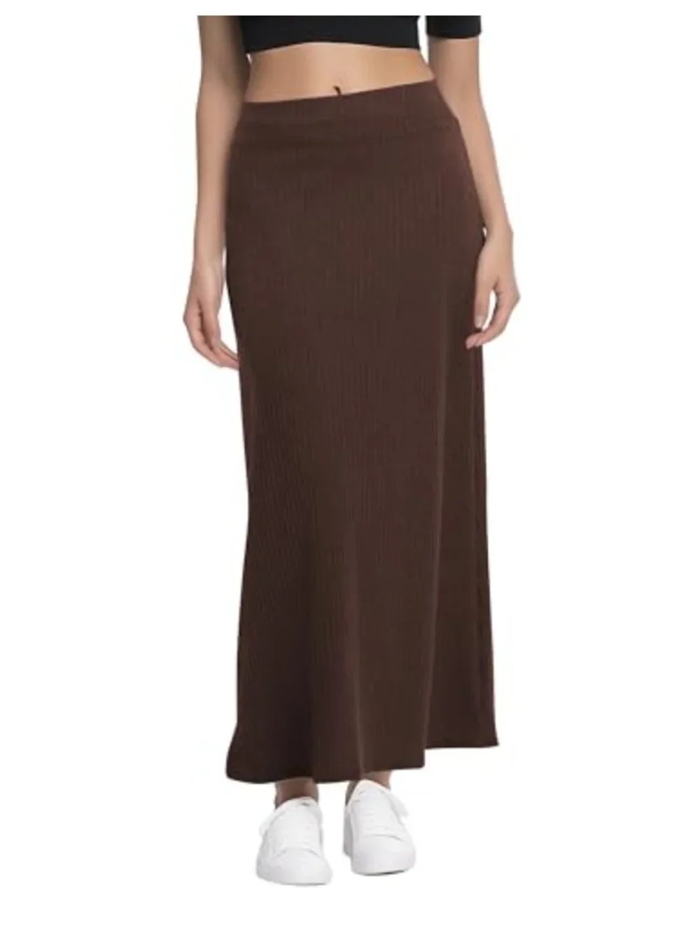 High Waist A-Line Maxi Skirt Ribbed Knit Long Flowy